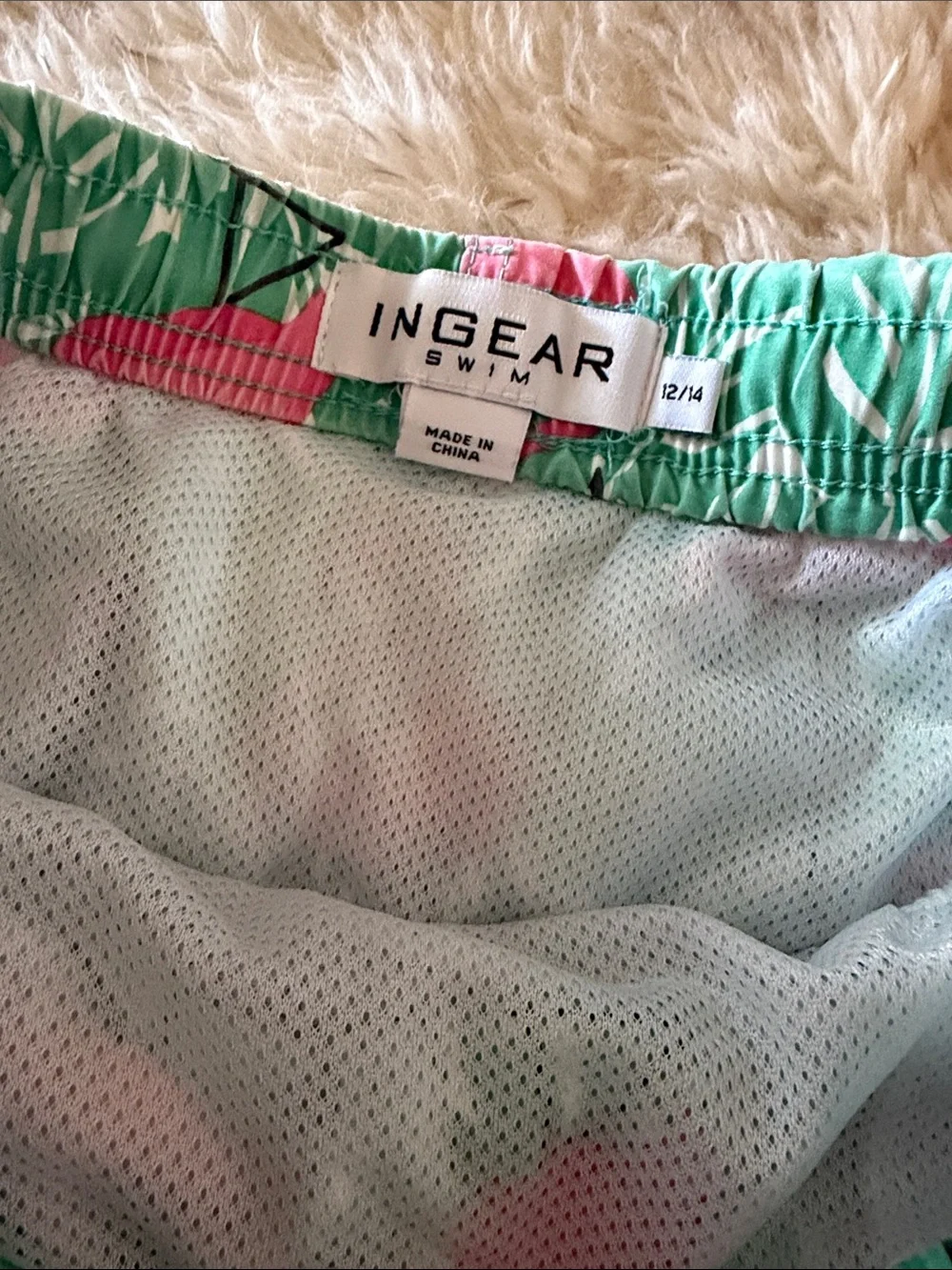 Ingear surfer Kids Mint Green Flamingo tropical Swim Trunks boardshorts 12/14